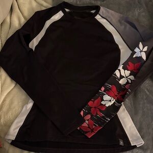 SUGOI Black and Gray Long Sleeve Top with Red Floral Accents